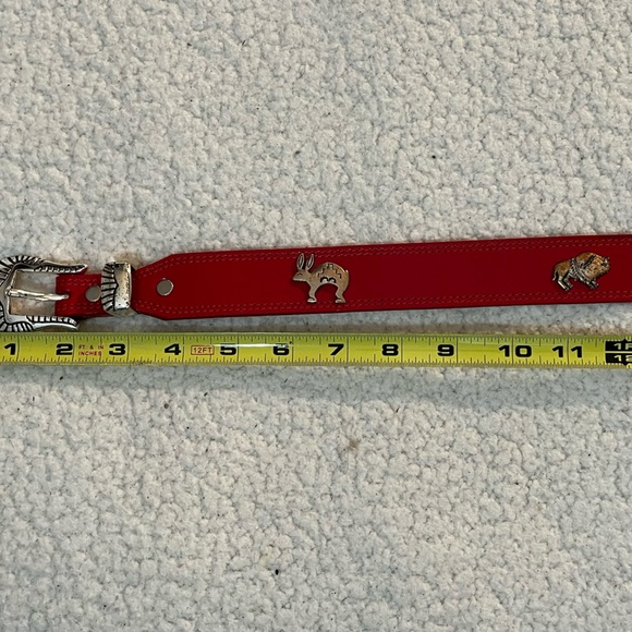 Red Leather Belt with Silver design and Buckle Made in the USA - Picture 10 of 15